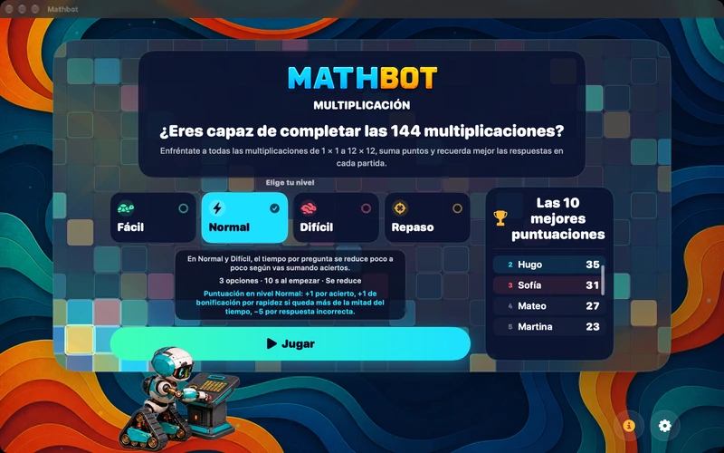 Mathbot — Elige tu nivel: Fácil · Normal · Difícil · Repaso