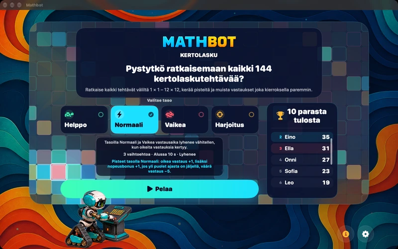 Mathbot — Valitse taso: Helppo · Normaali · Vaikea · Harjoitus