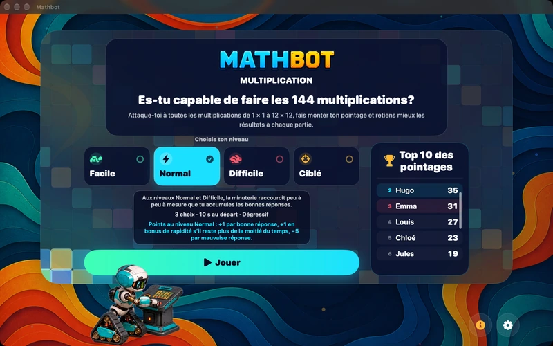 Mathbot — Choisis ton niveau: Facile · Normal · Difficile · Ciblé