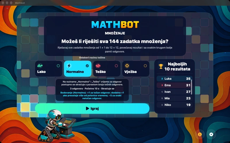 Mathbot — Odaberi razinu težine: Lako · Normalno · Teško · Vježba