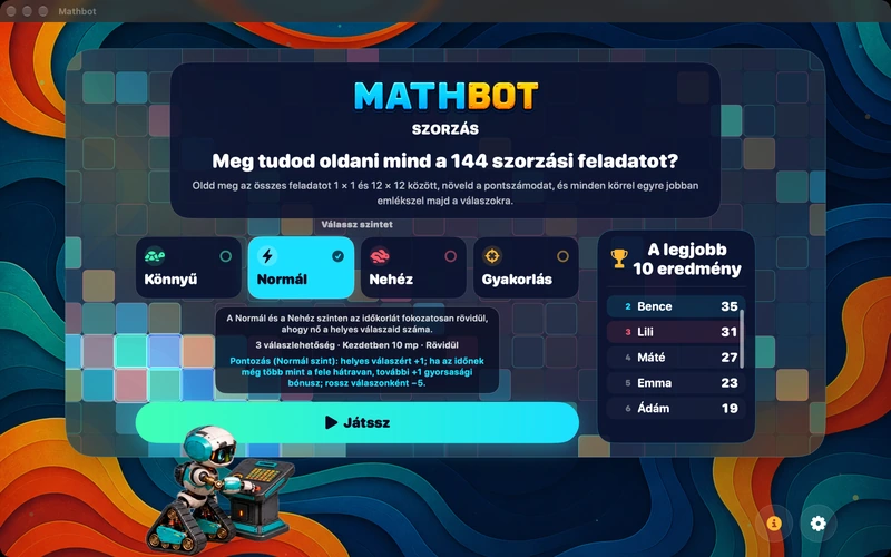 Mathbot — Válassz szintet: Könnyű · Normál · Nehéz · Gyakorlás