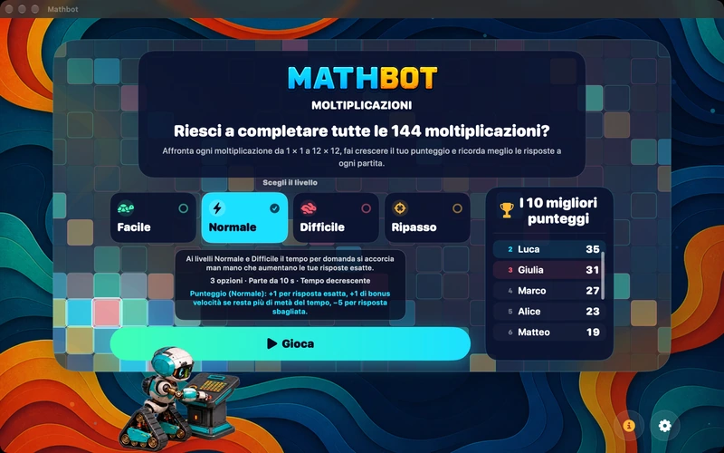 Mathbot — Scegli il livello: Facile · Normale · Difficile · Ripasso