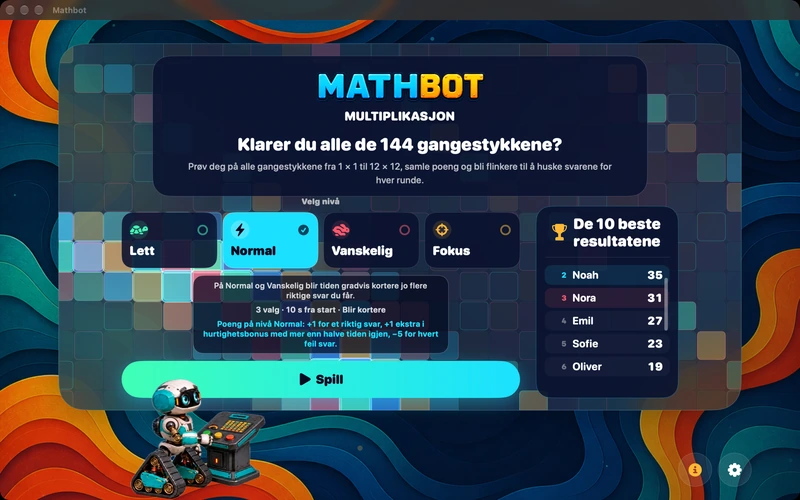 Mathbot — Velg nivå: Lett · Normal · Vanskelig · Fokus