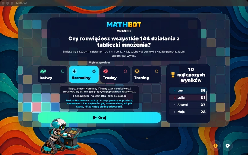Mathbot — Wybierz poziom: Łatwy · Normalny · Trudny · Trening