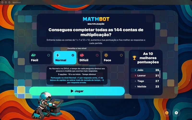 Mathbot — Escolhe o teu nível: Fácil · Normal · Difícil · Foco
