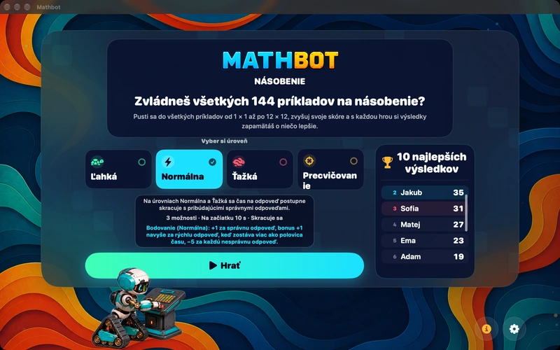 Mathbot — Vyber si úroveň: Ľahká · Normálna · Ťažká · Precvičovanie