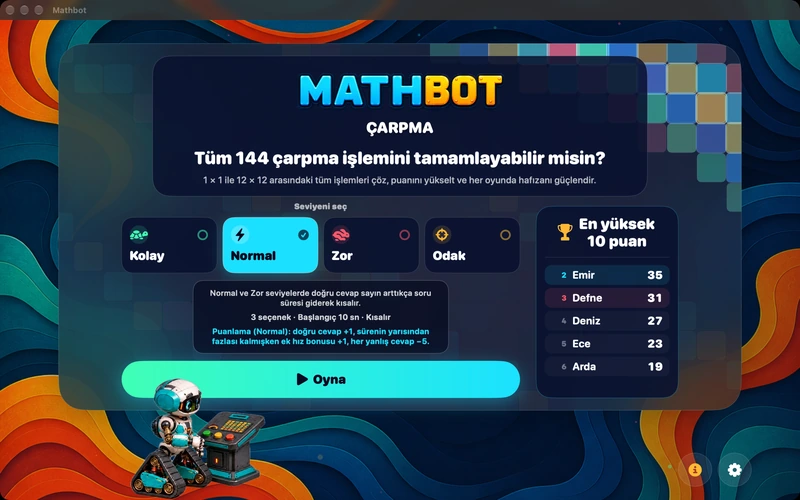 Mathbot — Seviyeni seç: Kolay · Normal · Zor · Odak