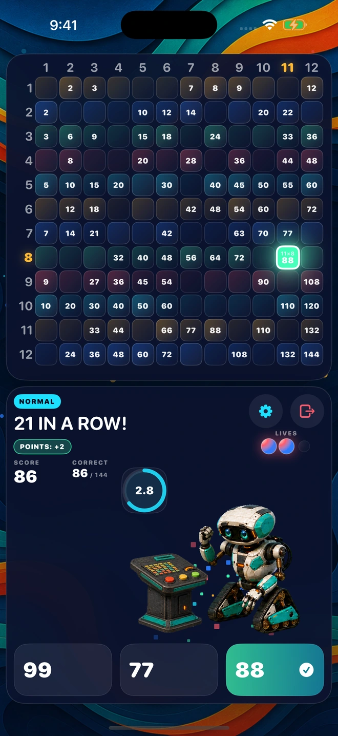A correct answer landing during a streak, with the board lighting up