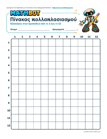 Φύλλο εργασίας Mathbot με κενό πίνακα πολλαπλασιασμού 12 γραμμών και 12 στηλών και το ρομπότ Buddy