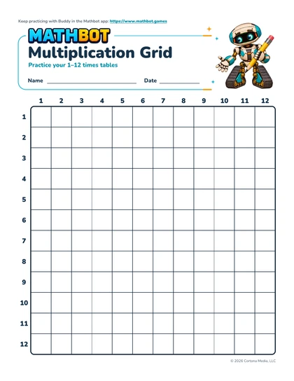 Mathbot worksheet with a blank 12 by 12 multiplication grid and Buddy the robot