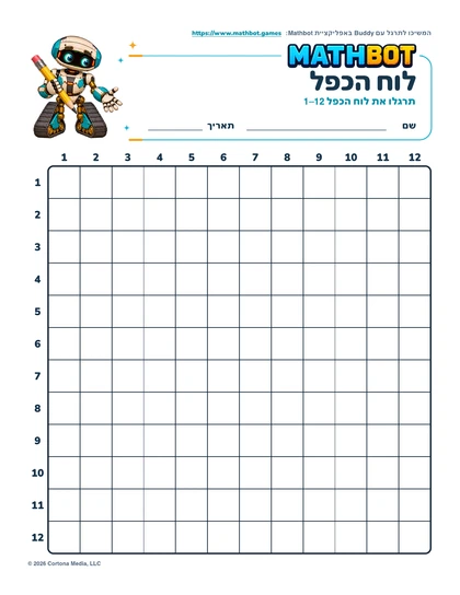 דף תרגול של Mathbot עם לוח כפל ריק בגודל 12×12 והרובוט Buddy
