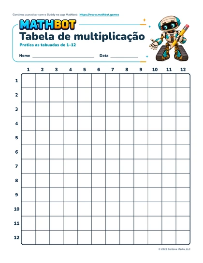 Ficha Mathbot com uma tabela de multiplicação 12 por 12 em branco e o robô Buddy