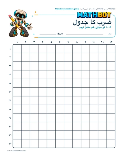 Mathbot کی ورک شیٹ، جس میں ۱۲ ضرب ۱۲ کا خالی جدول اور Buddy روبوٹ ہے